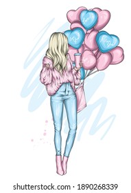 Beautiful girl in stylish clothes and heart-shaped balloons. Vector illustration for a postcard or poster, print. Fashion and style, clothing and accessories. Valentine's Day and love.