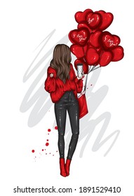 Beautiful girl in stylish clothes and heart-shaped balloons. Vector illustration for a postcard or poster, print. Fashion and style, clothing and accessories. Valentine's Day and love.