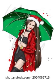 A beautiful girl in stylish clothes and a New Year's hat. New Year and Christmas, Santa Claus. Fashion  Style. 