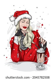 A beautiful girl in stylish clothes and a New Year's hat. New Year and Christmas, Santa Claus. Fashion  Style. 