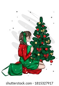 A beautiful girl  in stylish clothes sits near a New Year tree. New year and christmas, fashion and style, clothes and accessories. Vector illustration.