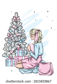 A beautiful girl in stylish clothes sits near a New Year tree. New year and christmas, fashion and style, clothes and accessories. Vector illustration.