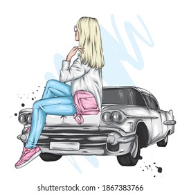 Beautiful girl in stylish clothes sits on the hood of a vintage car. Vector illustration for a postcard or poster, print on clothes.