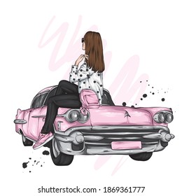 Beautiful girl in stylish clothes sits on the hood of a vintage car. Vector illustration for a postcard or poster, print on clothes.