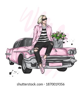 Beautiful girl in stylish clothes sits on the hood of a vintage car. Vector illustration for a postcard or poster, print on clothes.