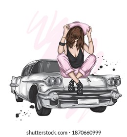 Beautiful girl in stylish clothes sits on the hood of a vintage car. Vector illustration for a postcard or poster, print on clothes.