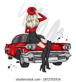 Beautiful girl in stylish clothes sits on the hood of a vintage car. Vector illustration for a postcard or poster, print on clothes.