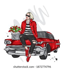 Beautiful girl in stylish clothes sits on the hood of a vintage car. Vector illustration for a postcard or poster, print on clothes.