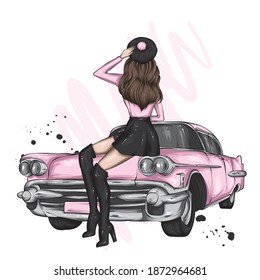 Beautiful girl in stylish clothes sits on the hood of a vintage car. Vector illustration for a postcard or poster, print on clothes.