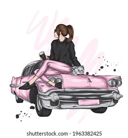 A beautiful girl in stylish clothes sits on a retro car. A glass of coffee. Fashion and style, clothing and accessories.