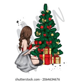 A beautiful girl  in stylish clothes sits near a New Year tree. New year and christmas, fashion and style, clothes and accessories. Vector illustration.