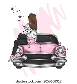 Beautiful girl in stylish clothes and a vintage car. Fashion and style, clothing and accessories. Vector illustration for a postcard or poster.