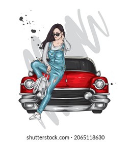 Beautiful girl in stylish clothes and a vintage car. Fashion and style, clothing and accessories. Vector illustration for a postcard or poster.