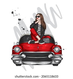 Beautiful girl in stylish clothes and a vintage car. Fashion and style, clothing and accessories. Vector illustration for a postcard or poster.