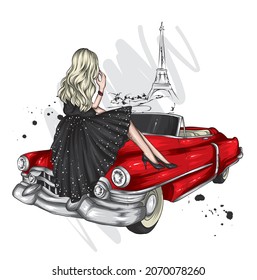 Beautiful girl in stylish clothes and a vintage car. Fashion and style, clothing and accessories. Vector illustration for a postcard or poster.