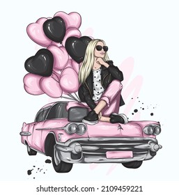 Beautiful girl in stylish clothes and a vintage car. Fashion and style, clothing and accessories. Vector illustration for a postcard or poster.