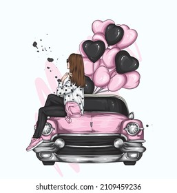 Beautiful girl in stylish clothes and a vintage car. Fashion and style, clothing and accessories. Vector illustration for a postcard or poster.