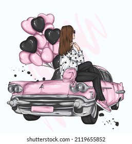 Beautiful girl in stylish clothes and a vintage car. Fashion and style, clothing and accessories. Vector illustration for a postcard or poster.