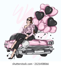 Beautiful girl in stylish clothes and a vintage car. Fashion and style, clothing and accessories. Vector illustration for a postcard or poster.