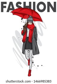 Beautiful girl in a stylish coat, boot, scarf and hat. Autumn clothes and umbrella. Autumn, spring and winter. Illustration for a postcard or poster, print on clothes. Accessories. Vector.