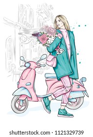 Beautiful girl in a stylish coat, jeans and shoes. Vector illustration for a postcard or a poster. Fashion and style, clothing and accessories. Bouquet of peony and roses. Flowers. Vintage moped.