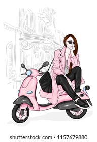 Beautiful girl in a stylish coat, jeans and shoes. Vector illustration for a postcard or a poster. Fashion and style, clothing and accessories. Bouquet of peony and roses. Flowers. Vintage moped.
