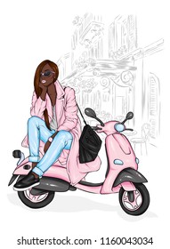 Beautiful girl in a stylish coat, jeans and shoes. Vector illustration for a postcard or a poster. Fashion and style, clothing and accessories. Bouquet of peony and roses. Flowers. Vintage moped.
