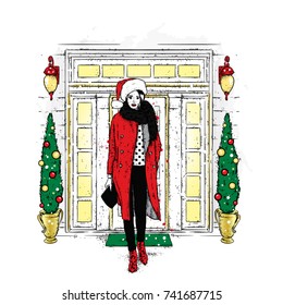 Beautiful girl in a stylish coat on the background of a beautiful vintage door. Street and house. Vector illustration for a postcard, cover, poster, or print on clothes.