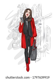 A beautiful girl in a stylish coat, scarf, jeans and boots. Fashionable clothes and accessories, fashion and style. Coffee. Vector illustration for postcard or poster, print.
