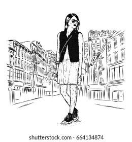 Beautiful girl in a stylish dress, denim waistcoat and sneakers. Vector illustration for a postcard or a poster, print for clothes. Fashion & Style.
