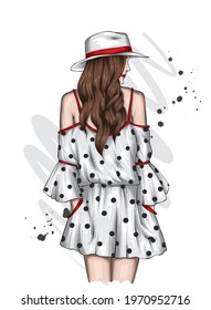 Beautiful girl in a stylish dress and hat. Fashion and style, clothing and accessories. Vector illustration.