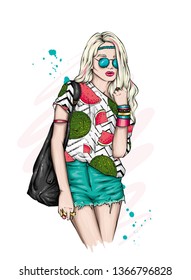 Beautiful girl in a stylish hat, t-shirt and shorts. Summer clothes. Fashion & Style. Vector illustration for greeting card or poster. 