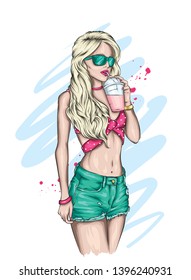 Beautiful girl in a stylish hat, t-shirt and shorts. Summer clothes. Fashion & Style. Vector illustration for greeting card or poster. Cocktail.