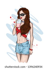 Beautiful girl in a stylish hat, t-shirt and shorts. Summer clothes. Fashion & Style. Vector illustration for greeting card or poster. Cocktail.
