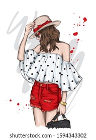 Beautiful girl in a stylish hat, t-shirt and shorts. Summer clothes. Fashion & Style. Vector illustration for greeting card or poster.