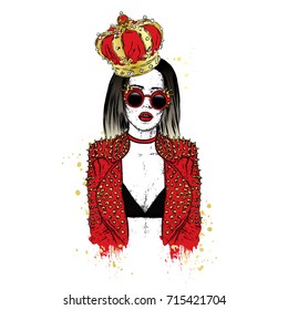 A beautiful girl in a stylish jacket, crown and glasses with spikes. Vector illustration. Fashion & Style. Rock.