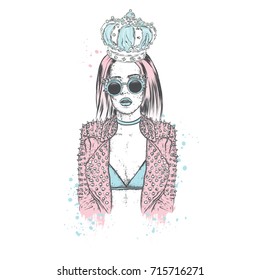A beautiful girl in a stylish jacket, crown and glasses with spikes. Vector illustration. Fashion & Style. Rock.