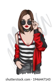 Beautiful girl in a stylish jacket and glasses. Fashion and style, clothing and accessories. Vector illustration, print.