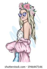 Una hermosa chica con una elegante chaqueta, gafas y una flor corrediza. Moda y estilo, ropa y accesorios. Ilustración vectorial, imprimir.