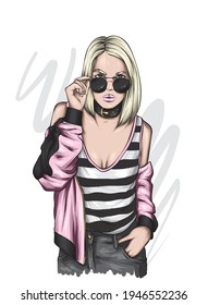 Beautiful girl in a stylish jacket and glasses. Fashion and style, clothing and accessories. Vector illustration, print.