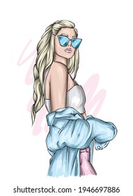 Beautiful girl in a stylish jacket and glasses. Fashion and style, clothing and accessories. Vector illustration, print.
