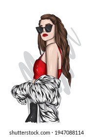 Beautiful girl in a stylish jacket and glasses. Fashion and style, clothing and accessories. Vector illustration, print.