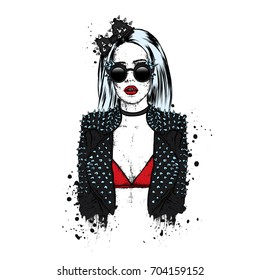 A beautiful girl in a stylish jacket and glasses with spikes. Vector illustration. Fashion & Style. Rock.
