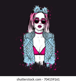 A beautiful girl in a stylish jacket and glasses with spikes. Vector illustration. Fashion & Style. Rock.