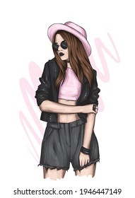 Beautiful girl in a stylish jacket, hat and glasses. Fashion and style, clothing and accessories. Vector illustration, print.