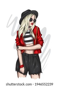 Beautiful girl in a stylish jacket, hat and glasses. Fashion and style, clothing and accessories. Vector illustration, print.