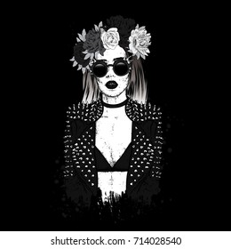 A beautiful girl in a stylish jacket with spikes. Girl in a wreath of peonies and roses. Vector illustration. Fashion and Style. Rock