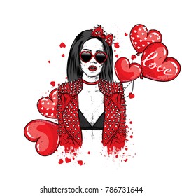 Beautiful girl in a stylish jacket with spikes and glasses with hearts and balls in the shape of a heart. Vector illustration for a postcard or a poster. Valentine's Day, love and friendship.