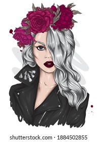A beautiful girl in a stylish leather jacket and a wreath of flowers. Fashion and style, clothing and accessories. Vector illustration.
