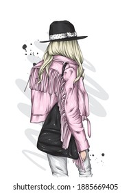 Beautiful girl in a stylish leather jacket and hat. Fashion and style, clothing and accessories. Vector illustration.